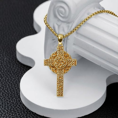 Celtic Cross Necklace For Men ，18K Gold Plated Celtic Cross Celtic Amulet Necklace Protection Jewelry Religious Gifts with 2.5mm 22"+2" Adjustable Rolo Chain - style: style2