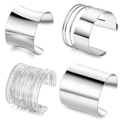 4Pcs Chunky Gold Cuff Bracelects for Women Gold Bangles Irregular Minimalist Statement Bangle Bracelets Set Open Wide Bangle Upper Arm Cuff Jewelry - color: Silver-C