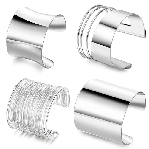 4Pcs Chunky Gold Cuff Bracelects for Women Gold Bangles Irregular Minimalist Statement Bangle Bracelets Set Open Wide Bangle Upper Arm Cuff Jewelry - color: Silver-C