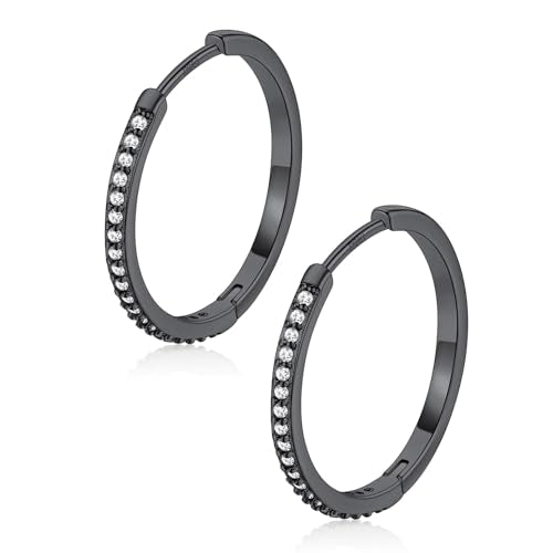 FaithHeart 925 Sterling Silver Post Small CZ Huggie Hoop Earrings for Women | Hypoallergenic Small Cubic Zirconia Hoop Earrings, Silver/Black/Gold/Rose Gold Huggie Earrings, 8-20mm with Gift Box - color: Black, size: 20mm