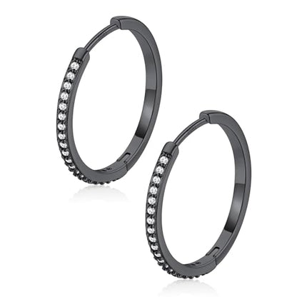 FaithHeart 925 Sterling Silver Post Small CZ Huggie Hoop Earrings for Women | Hypoallergenic Small Cubic Zirconia Hoop Earrings, Silver/Black/Gold/Rose Gold Huggie Earrings, 8-20mm with Gift Box - color: Black, size: 20mm