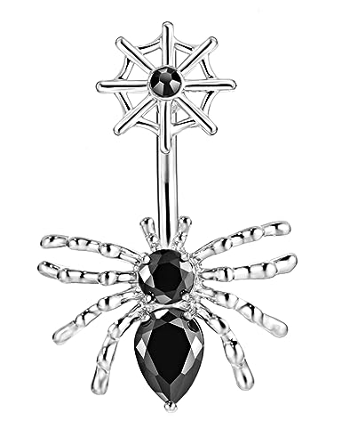 Belly Button Ring Dangle, Cross Belly Button Ring, Navel Piercing | 316L Surgical Steel, AAA+ Cubic Zirconia, Nickel-Free, Hypoallergenic, Multi-Style, 14 Gauge 10 mm Screw On Piercing Stud - style: Big Spider Black with a Net