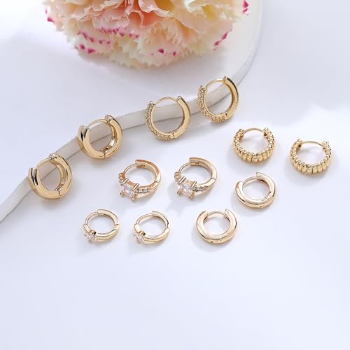 Wgoud Small Gold Hoop Earrings Set for Women, 6 Pairs 14K Gold Plated Hypoallergenic Lightweight Huggie Hoops Earrings, Trendy Cartilage Cubic Zirconia Earrings for Women Gifts. - color: C-Gold hoops