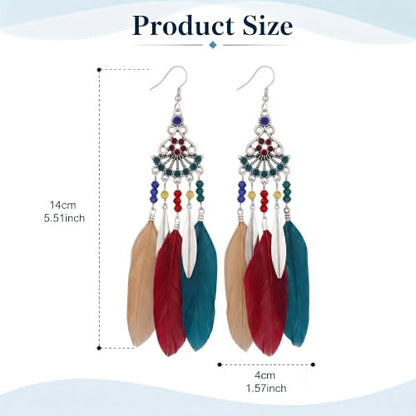 FRESHME Feather Earrings for Women - Native American Jewelry Boho Dangle Ethnic Indian Ear Drop for Music Festival Birthday - color: Dark Coloful