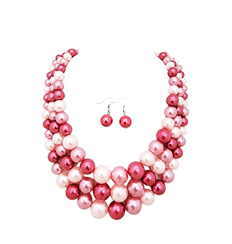 Fashion 21 Women's Faux Pearl Three Multi-Strand Statement Necklace and Earrings Set - color: Pink Mix