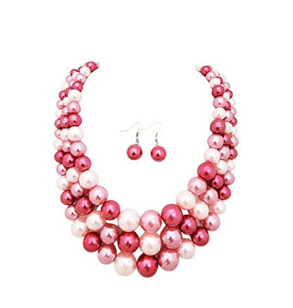 Fashion 21 Women's Faux Pearl Three Multi-Strand Statement Necklace and Earrings Set - color: Pink Mix