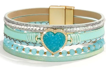 Suyi Multilayer Leather Wrap Bracelet Heart-Shape Wide Bracelets for Women - color: Light Blue 2
