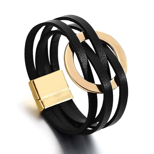 Fesciory Leather Wrap Bracelet for Women, Boho Western Layered Cuff Jewelry | Stackable Bracelets, Easy-On Clasp, Daily Wear, Pairs with Boho Western Outfits, Gift for Women - color: Black14