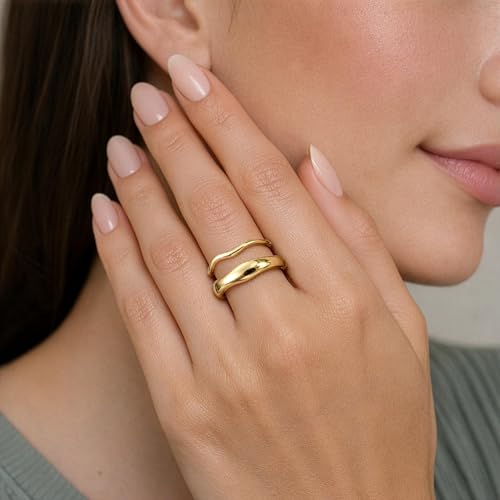 Gold Rings for Women Men Non Tarnish, Waterproof Chunky 14K Gold Plated Dainty Stackable Rings Trendy Statement Pinky Thumb Rings Engagement Eternity Wedding Band Ring Stacking Gold Jewelry Size 3 4 5 6 7 8 9 10 11 - color: Gold, size: 4.5