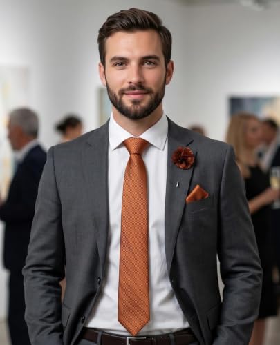 joy alice 30 Colors Solid Ties for Man Pure Color Men's Tie Set with Lapel Pin Pocket Square Tie Clip - color: Rust