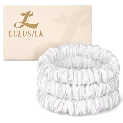 LULUSILK Small Silk Hair Ties No Damage, 100% Real Mulberry Silk, Skinny Scrunchies Ponytail Holders for Thin Fine Hair, White, Pack of 3 - color: White