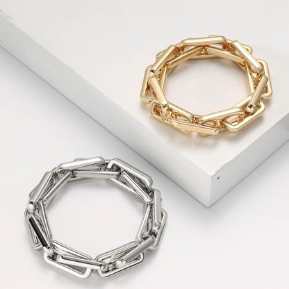 Chunky Gold Bracelet for Women Non Tarnish, Trendy Stretch Cuban Link Chain Plated Gold Bangle Bracelets - color: Paperclip-gold
