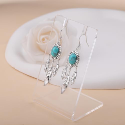 Turquoise Feather Earrings for Women - Silver Western Turquoise Earrings | Boho Feather Hook Earring Western Jewelry Gifts for Birthday