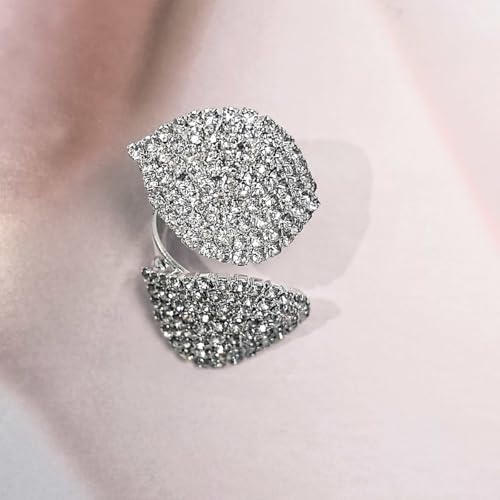 Paved CZ Leaf Statement Open Ring for Women - Sparkle Crystal Leaves Adjustable Wrap Finger Band Bridal Wedding Engagement Promise Eternity Rings Exaggerated Exquisite Cocktail Party Jewelry for Bride - color: Silver