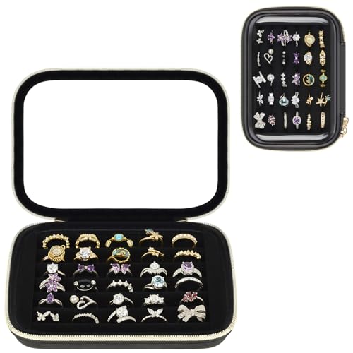 PAIYULE Ring Organizer Box with Clear Top for 30+ Pcs, 6-Row Velvet Display | 6-Row Velvet Insert, Holds 30+ Rings, EVA Hard Shell, Case Only, For Vanity Display & Travel, Black - color: Black