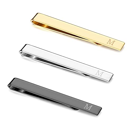 UBGICIG 3 Pcs Stainless Steel Tie Clips for Men Elegant Personalized Letter Tie Clip Set for Men Classic Gold Plated Silver Black Tone Tie Bar - style: M-Style 1