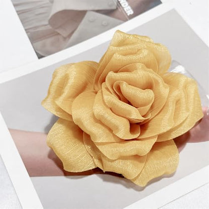 Flash Camellia Flower Brooch Pin for Women Men Elegant Texture Fabric Dahlia Rose Floral Brooches Lapel Pins Dainty Wedding Holiday Party Costume Dress Accessories Jewelry - color: Gold-Tone