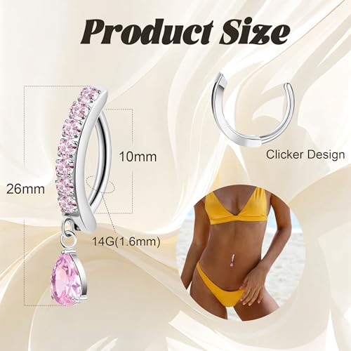 14G G23 Titanium Clicker Belly Button Ring for Women - Teardrop CZ Dangle Curved Reverse Barbell Navel Piercing - Hypoallergenic Jewelry - color: Pink