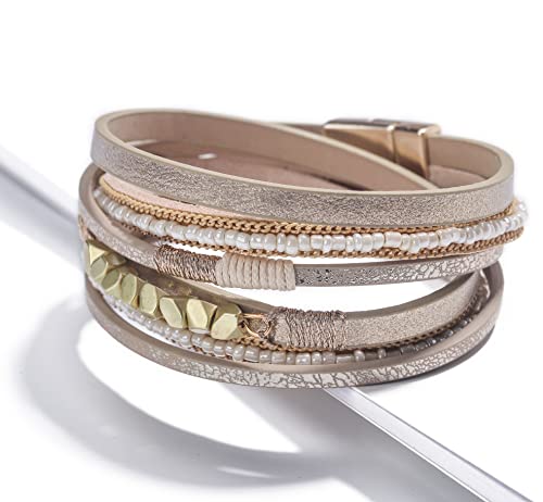 Fesciory Leather Wrap Bracelets for Women, Boho Western Layered Jewelry | Layered leather cuff bracelets, Easy on and off, Boho western style, Daily wear, Gift for women - color: Khaki 1