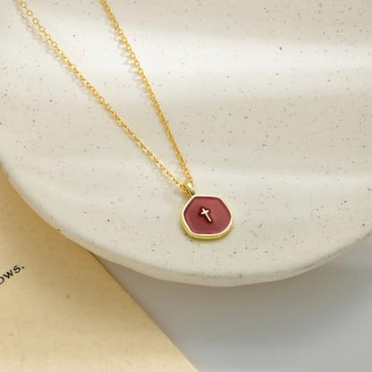 Tewiky Cross Necklace for Women 14k Gold Plated Cross Pendant Necklaces | Cute Necklaces for Women,Jewelry ,Graduation Gift for Her - color: Berry Red
