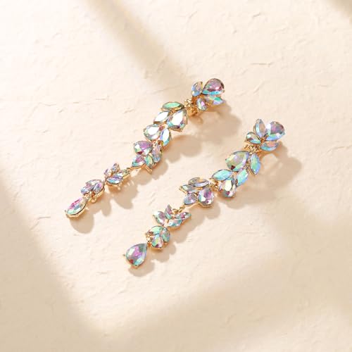 Crysdue Clip On Earrings for Women Rhinestone Crystal Teardrop Cluster Wedding Bridal Non Pierced Long Dangle Earring for Prom Party - color: Iridescent AB Gold-Tone