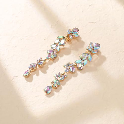 Crysdue Clip On Earrings for Women Rhinestone Crystal Teardrop Cluster Wedding Bridal Non Pierced Long Dangle Earring for Prom Party - color: Iridescent AB Gold-Tone