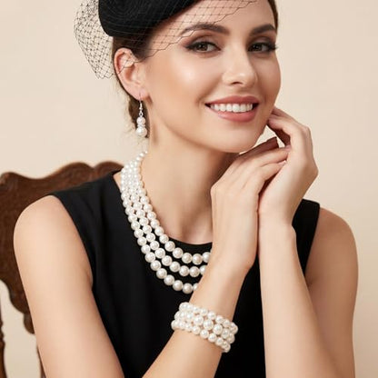 Jmkcoz 1920s Pearl Necklace Bracelet and Earrings Costume Jewelry Set for Women 80s Wedding Tea Party Gift