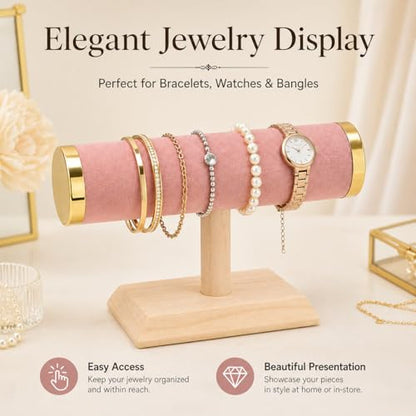 Jewelry Display T-Bar Stand, 9 Inch Pink Velvet Bracelet Holder with Gold-Tone End Caps, 1-Tier Bangle and Watch Stand with Natural Pine Base for Vanity and Retail Counter - color: Black