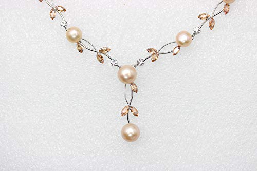 Faship Genuine Freshwater Pearls Floral Necklace Earrings Set | Premium CZ Crystal, Gorgeous, Sparkling - color: Brown