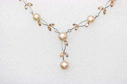 Faship Genuine Freshwater Pearls Floral Necklace Earrings Set | Premium CZ Crystal, Gorgeous, Sparkling - color: Brown