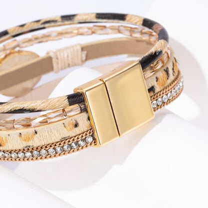Boho Leather Wrap Bracelets Beaded Stackable Cuff Bracelet Country Concert Outfits Cowboy Cowgirl Western Jewelry Gifts for Women - color: Stone-Leopard