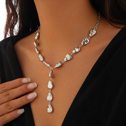 ZMANYIJEW Y-Shaped Collarbone Necklaces Irregular Baroque Metal Lava Necklace Simple Gold&Silver Plated Fashion Irregular Geometric Necklace for Women - color: silver