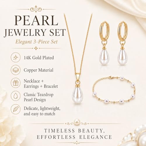 3Pcs Women's Gold Pearl Jewelry Set – 14K Gold-Plated Necklace Earrings And Bracelet Combo Includes An Exquisite Pearl Pendant Necklace Pearl Drop Earrings And An Adjustable Bracelet Perfect For Weddings Or As A Jewelry Gift For Her