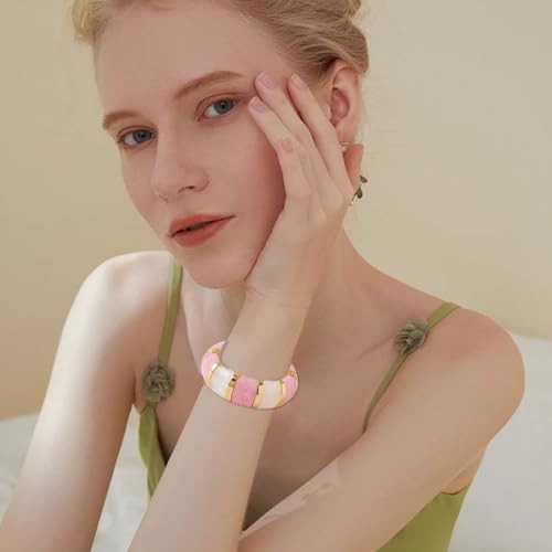 YBMYCM Acrylic Chunky Bangles Bracelets for Women Resin Gold-plated Stackable Stretch Bracelet Wide Wristbands Gift Jewelry - color: Pink white