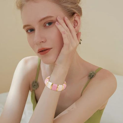 YBMYCM Acrylic Chunky Bangles Bracelets for Women Resin Gold-plated Stackable Stretch Bracelet Wide Wristbands Gift Jewelry - color: Pink white