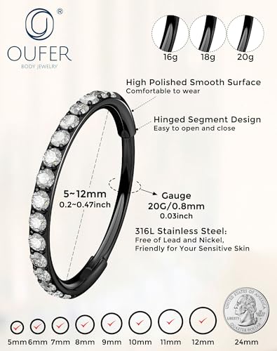 OUFER Nose Rings Surgical Steel Cartilage Earrings Tragus 316L Stainless Steel Helix Earrings Cartilage Earring 14G/16G/18G/20G Hinged Segment Rings Hoop - color: Black