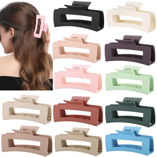 12 Pcs Neutral Square Hair Claw Clips – 4.3" Matte Finish Rectangle Claws for Women Thick & Thin Hair, Everyday Bulk Hair Accessories Set - color: Neutrals