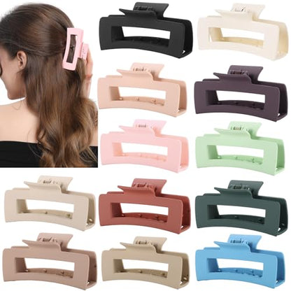 12 Pcs Neutral Square Hair Claw Clips – 4.3" Matte Finish Rectangle Claws for Women Thick & Thin Hair, Everyday Bulk Hair Accessories Set - color: Neutrals