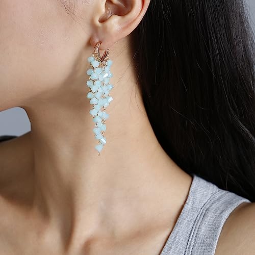 Fringe Hoop Dangle Earrings, Long Beads Tassel Chain Earrings for Women Sparkly Chandelier Earrings - color: Blue