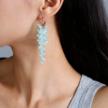 Fringe Hoop Dangle Earrings, Long Beads Tassel Chain Earrings for Women Sparkly Chandelier Earrings - color: Blue
