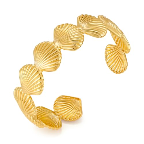 WOWORAMA Gold Shell Cuff Bracelets for Women | Trendy Boho Ocean Seashell Bangles, Adjustable Open Cuff Bracelet, Vintage Summer Beach Jewelry - color: Scallop Shell