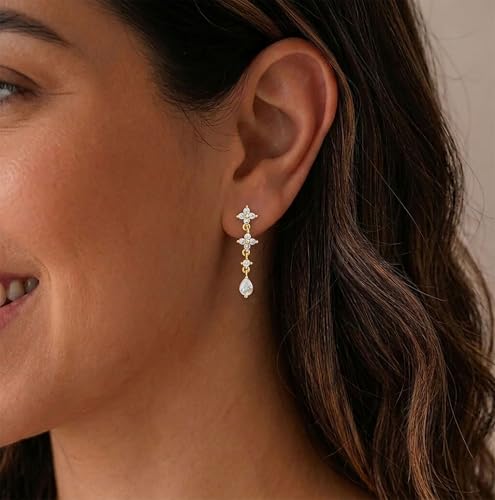 Dangle Earrings for Women, Dainty Teardrop Drop Earrings 14K CZ Flower Gold Earrings for Women Trendy Bridal Earring Set Hypoallergenic Stud Dangly Earring Stack Wedding Prom Fashion Jewelry - color: cz flower drop earrings