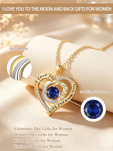 14K Gold I Love You to the Moon and Back Necklace for Women, Double Heart Birthstone Necklace, Moon Star Love Jewelry, Christmas Valentines Mothers Day Birthday Gifts for Wife Mom Girlfriend - color: 09-Sep Birthstone