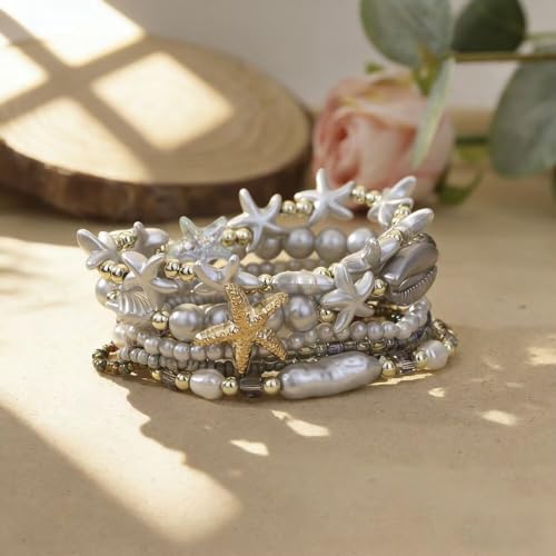 Boho Stackable Beaded Bracelet Set, Pink, Starfish Shell Pearl Charms, Elastic Handmade Layered Stretch Bracelets, Summer Beach Holiday Jewelry for Women - color: Grey B