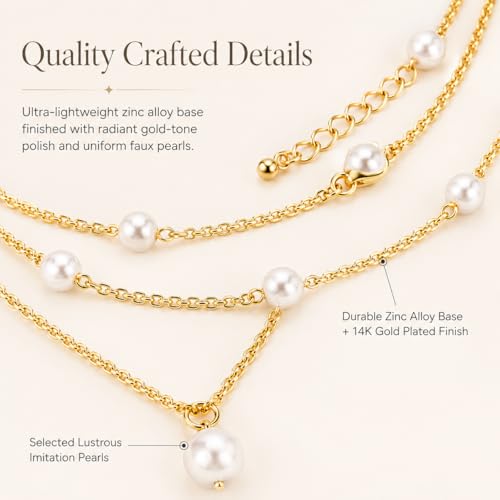 14K Gold Plated Layered Pearl Necklace, Waterproof Double Strand Choker | 14K gold plated, waterproof chains, embedded faux pearl stations, single pendant, fits beach, business or casual wear.