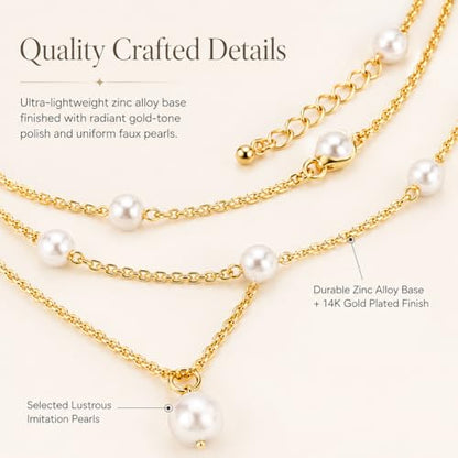 14K Gold Plated Layered Pearl Necklace, Waterproof Double Strand Choker | 14K gold plated, waterproof chains, embedded faux pearl stations, single pendant, fits beach, business or casual wear.