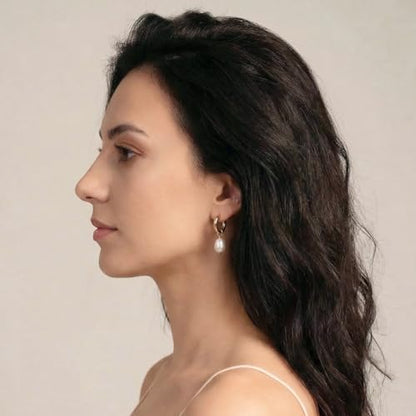 Pearl Earrings VeroSteel Dangle Earrings for Women, Dainty 14k Gold Huggie Hoop Earrings with Pearls, Trendy Pearl Drop Earrings, Stainless Steel Hypoallergenic Stud Earrings For Sensitive Ears - style: Classic