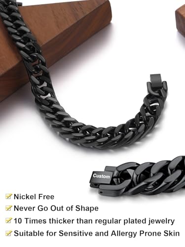 ChainsHouse Stainless Steel Cuban Link Bracelet, 6mm/8mm/12mm/17mm Width, 7.5"/8.3"/9", Black/ 18K Gold Plated Chain Wrist Bracelets for Men Women, Send Gift Box - color: T: Black-12mm width-custom