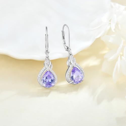 925 Sterling Silver Infinity Teardrop Earrings for Women | Lwsary Dangle Drop Leverback Earrings, Pear Shaped Birthstone Jewelry for Her - color: Lavender
