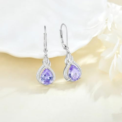 925 Sterling Silver Infinity Teardrop Earrings for Women | Lwsary Dangle Drop Leverback Earrings, Pear Shaped Birthstone Jewelry for Her - color: Lavender